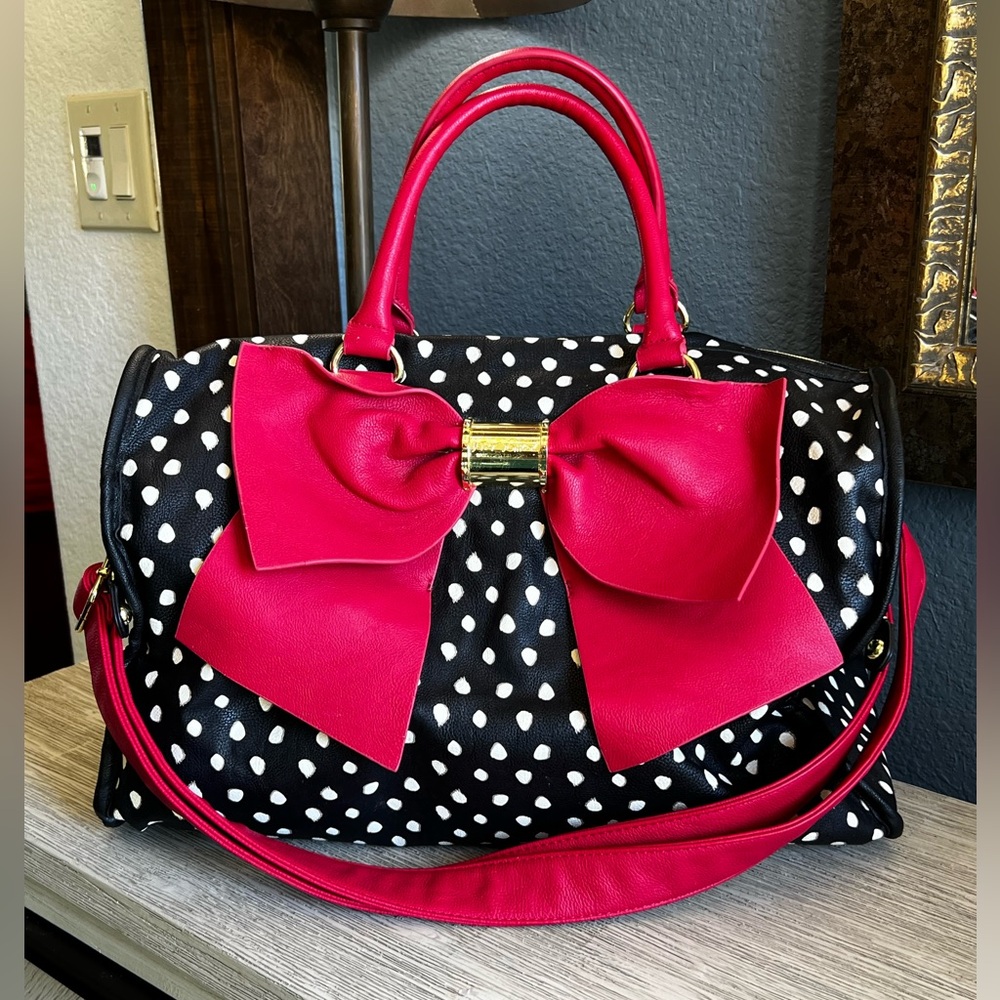 Betsey Johnson Black and White Polka Dot Travel Bag with Red Bow